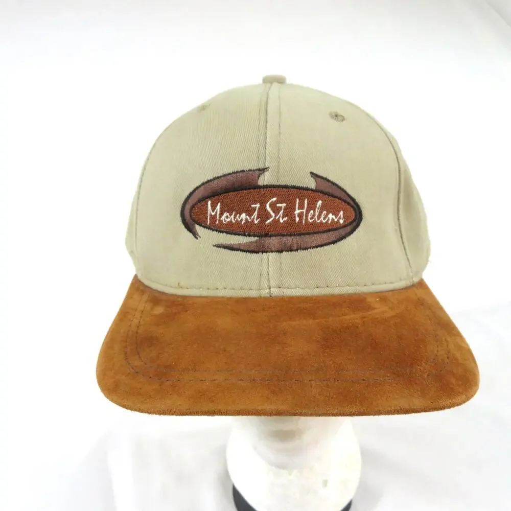Mount St Helens Dad Hat Suede Leather Bill Beige Brown Slide Lock Cap 1990s